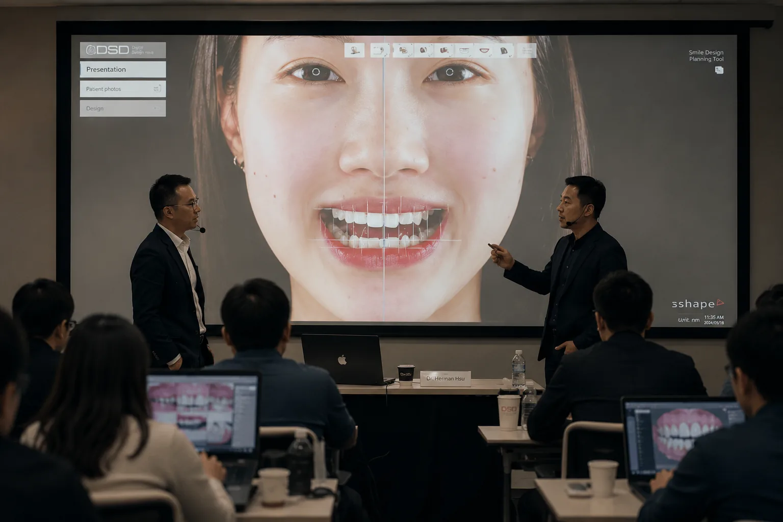 Dr. Herman Hsu 许恒恺医生在 Digital Smile Design 相关病例讨论中，与医生和技师共同分析数字化微笑设计、Mockup 与治疗前规划资料。