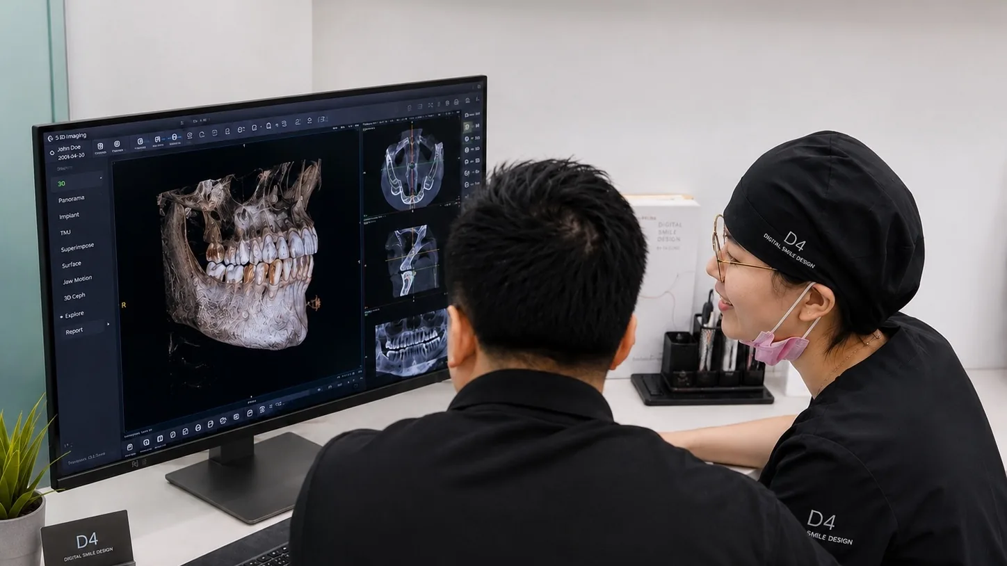 医生与患者在 D4 Clinic 屏幕前讨论 CBCT 三维影像与治疗决策