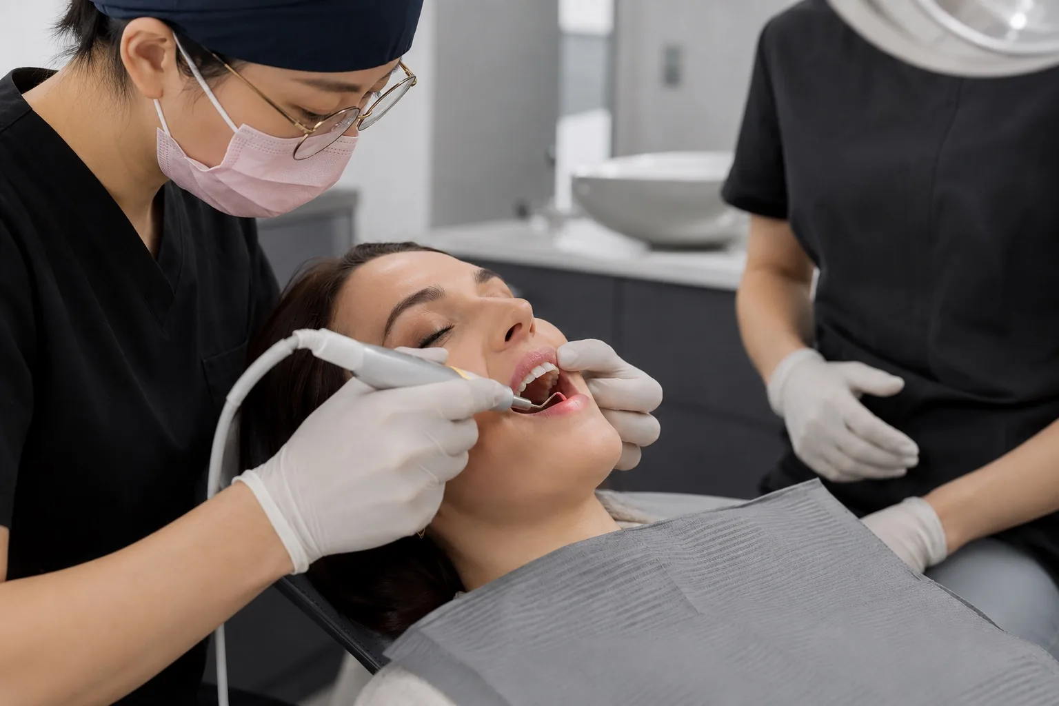A clinician using a dental laser handpiece in a calm, modern dental treatment setting.