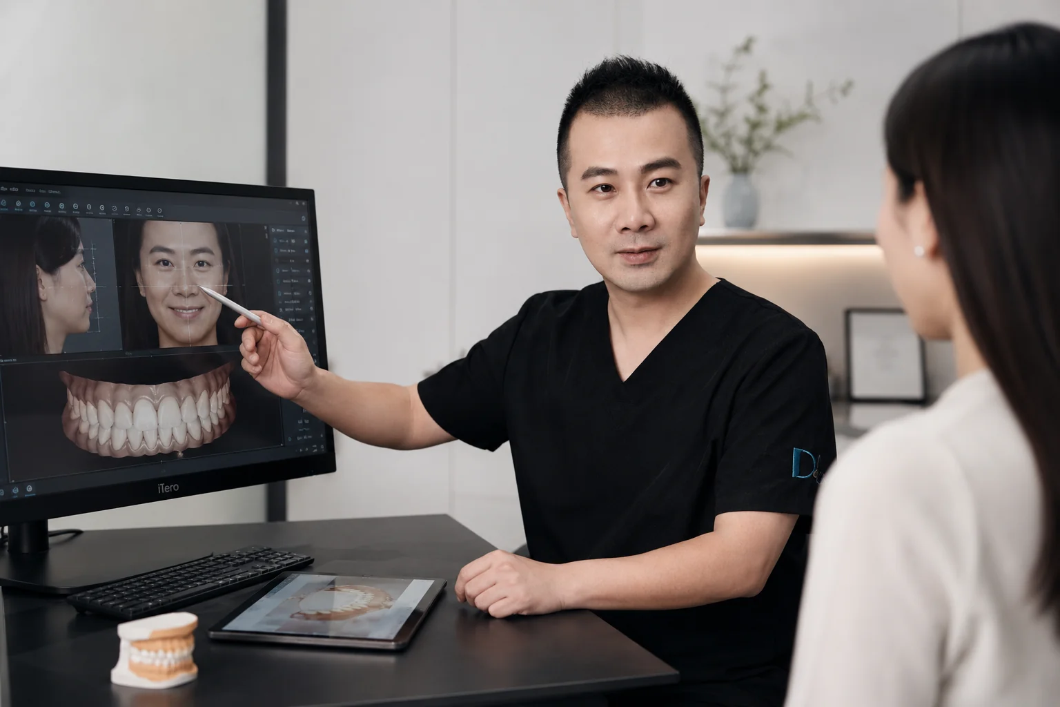 D4 clinician reviewing digital smile design and veneer planning with a patient.